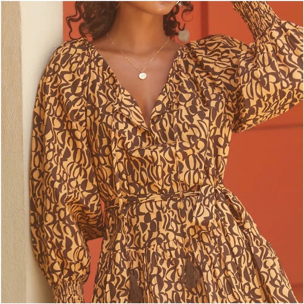 Charlie Holiday Cotton Mariana Mini Dress Tassels Tiered Brown Gold Sz 8 Chic - Picture 3 of 14